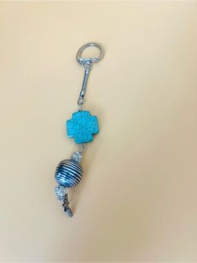 Turquoise Cross and Striped Bead Keychain
